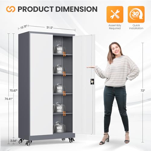 Garage Cabinet with Wheels and Adjustable Shelves, Metal Garage Storage Cabinets with 2 Doors, Storage Caninet with Lock, Large Tool Cabnet for Workshop/Home/Office-(Gray White 75”H) - color: Gray White, size: 75"H