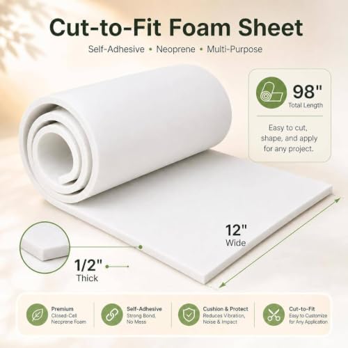 Storystore Sponge Neoprene Foam Sheet with Adhesive 1/2''T x 12''W x 98''L - color: White (With Adhesive), size: 12 in x 98 in x 1/2 in