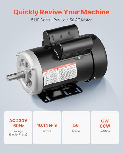 VEVOR 5 HP Electric Motor, 3450RPM Air Compressor Motor, CW/CCW Rotation, 0.875 inch Shaft Diameter, 2.25inch Shaft Length, 10.14N.m Torque, Single-Phase, 230V, TEFC Cooling - size: 5P-7/8" Shaft