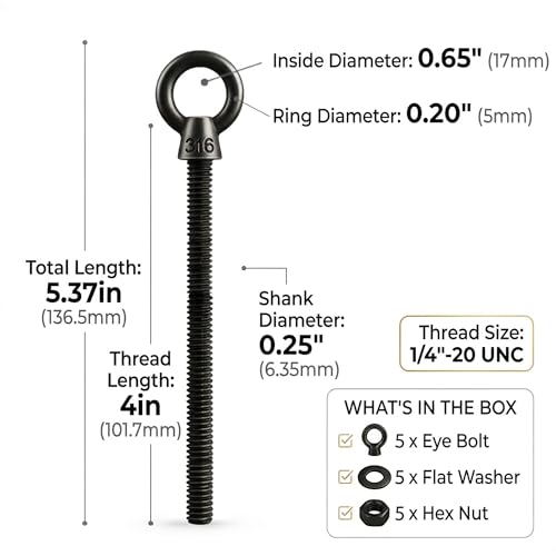 5 Pack Long Black Eye Bolts 1/4" x 4 Inch with Nuts & Washers, Heavy Duty T316 Stainless Steel Threaded Shoulder Eye Bolt, Marine Grade Rustproof Eyebolts for Metal & Thick Wood - size: 1/4'' x 4inch