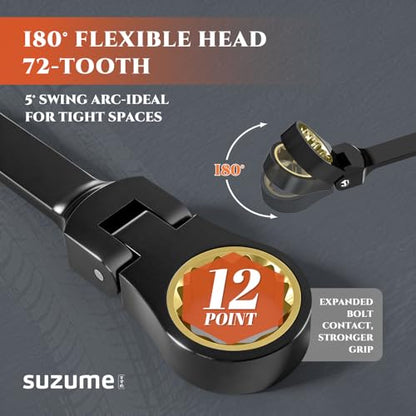 SUZUME Extra Long Flex Head Ratcheting Wrench 12-13mm Metric Double Box End 180° Flexible Head 72-Tooth 15K Gear Tested CR-V Steel Black Chrome Finish For Automotive Plumbing and Bicycle Repair - size: 12-13mm