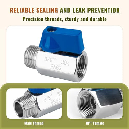 2 Pack 3/8" Mini Ball Valve, 304 Stainless Steel Valve NPT Female x Male Thread Shut-Off Valves for Small Compact Space (2, 3/8 Inch) - size: 3/8 Inch