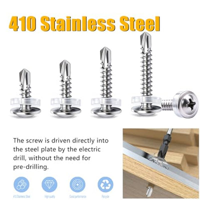 weideer 220pcs #8×1" Self Tapping Screws for Metal, 410 Stainless Steel Metal Screw, Truss Head Sheet Metal Screws with Washer, Screwdriver Bit K-158-W-25mm - size: SV 220PCS ＃8×1"