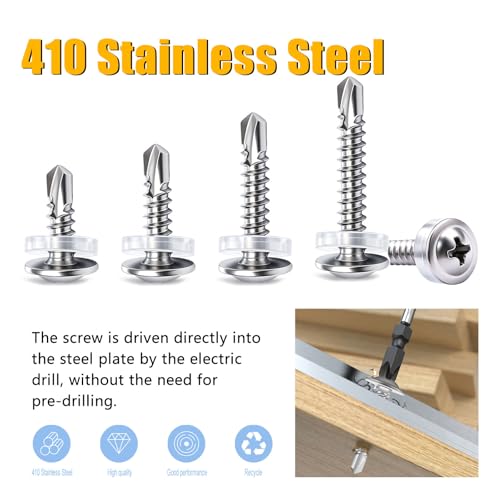 weideer 320pcs #8×1/2" Self Tapping Screws for Metal, 410 Stainless Steel Metal Screw, Truss Head Sheet Metal Screws with Washer, Screwdriver Bit K-158-W-13mm - size: SV 320PCS ＃8×1/2"