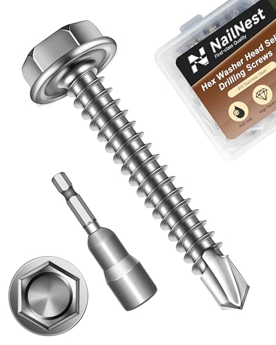 100PCS #8 x 1-1/4" Self Drilling Screws, Self Tapping Screws for Metal, 410 Stainless Steel Hex Washer Head Sheet Metal Screw, Bright Finish with 7mm Hex Socket - color: Silver, size: #8 x 1-1/4"