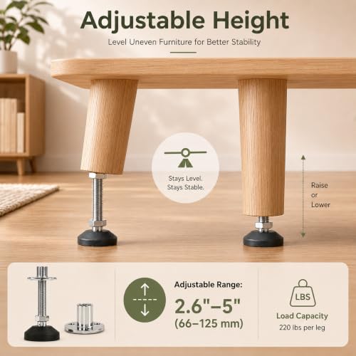 M12 Adjustable Leveling Feet, 4 Pack, 20° Swivel Base with T-Nuts - size: M12 | 5.8" Height | 2" Base | 220 lbs/Leg
