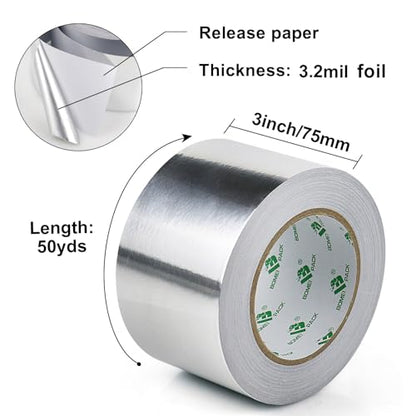 BOMEI PACK Aluminum Foil Tape, 3 inch x 50 Yds Foil Tape (3.2 mil), Silver Insulation Adhesive Metal Tape, High Temperature Heavy Duty HVAC Tapes for Ductwork, Dryer Vent, HVAC - size: 75mm