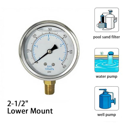 YSIL 1/4 NPT Liquid Filled Pressure Gauge w/ 3/8 NPT 1/2 NPT Adapter 60Psi - size: 0-60 psi