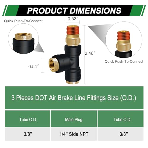 DOT Air Brake Line Tee Fittings 3PCS, 3/8" OD × 1/4" Side NPT - color: 3/8" * 3/8" * 1/4" Side NPT 3PCS
