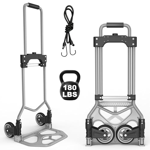 Folding Hand Truck Dolly Cart, 180LBS Portable Aluminum Hand Truck Foldable with Telescoping Handle and Elastic Cord for Luggage, Boxes, Functionality Foldable Dolly for Home, Moving, Black Gray - color: Black Gray, size: 180 lbs