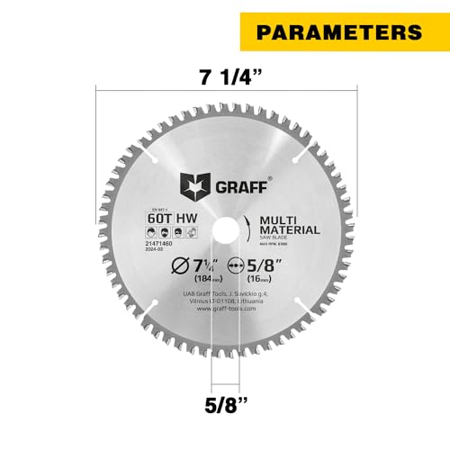 7-1/4" Circular Saw Blade - Chop Saw Blade for Metal, Wood Plywood Aluminum Drywall & Plastic 60T TCT Blade for Circular Table Miter & Cordless Saws 5/8 Inch Arbor No Heat No Sparks Burr Free GRAFF - size: Ø 7 ¼ Inch - 60T Multi, style: Multi Cutting Blad