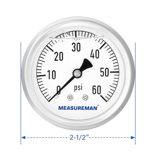 MEASUREMAN 2-1/2" Dial Size, Glycerin Filled Plumbing Pressure Gauge, 0-60psi, Stainless Steel Case, 1/4" NPT Back Mount - size: 0-60 psi, style: Back Mount