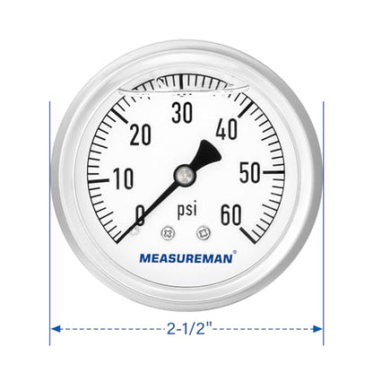 MEASUREMAN 2-1/2" Dial Size, Glycerin Filled Plumbing Pressure Gauge, 0-60psi, Stainless Steel Case, 1/4" NPT Back Mount - size: 0-60 psi, style: Back Mount
