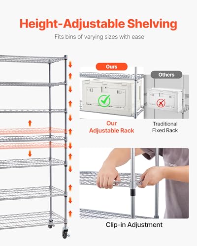 VEVOR 7-Tier Rolling Bin Storage Rack, 18 Organizer Bins, Bin Rack Storage Steel Wire Shelving System with Wheels, Mobile Tool Organizer for Garage, Warehouse, Office, Restaurant, Classroom, Kitchen - size: 7-Tier 18 Bins