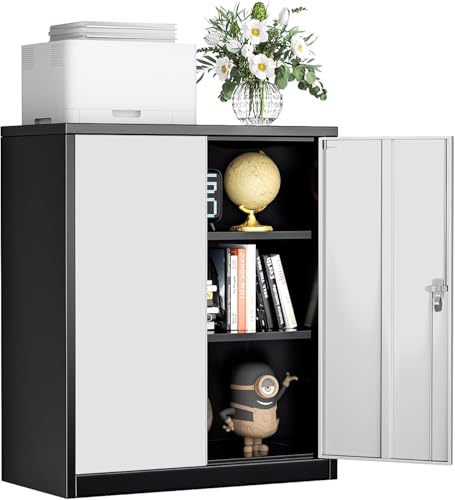 SUNCROWN Metal Storage Cabinets, 36”Locking Cabinet with Doors and Adjustable Shelves, Steel Utility Tool Garage Cabinets for Home, Office, Kitchen,Warehouse （Grey & Black） - color: Grey & Black, size: 36"H x 32"W x 16"D