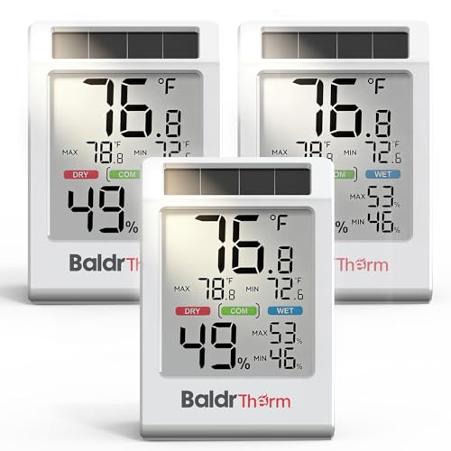 BALDR Solar Indoor Thermometer Hygrometer, Max/Min, Comfort Meter (3 Pack) - color: White 3 Pack