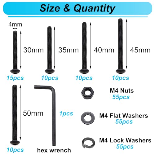 220PCS Black M4 Button Head Hex Socket Cap Screws, M4 x 30/35/40/45/50mm Metric Screws Bolts Nuts Washers Assortment Kit, 10.9 Grade Alloy Steel - color: BK-M4 x 30-50mm
