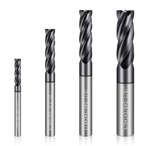4PCS Micrograin Carbide Square End Mill Set- 4 Flute 4T 1/8" 3/16" 1/4" 3/8" End Mills for Alloy Steels, Hardened Steel, Metal, and Multipurpose Milling - Precision Tool Kit for DIY & Professional Use - size: 1/8" 3/16" 1/4" 3/8"