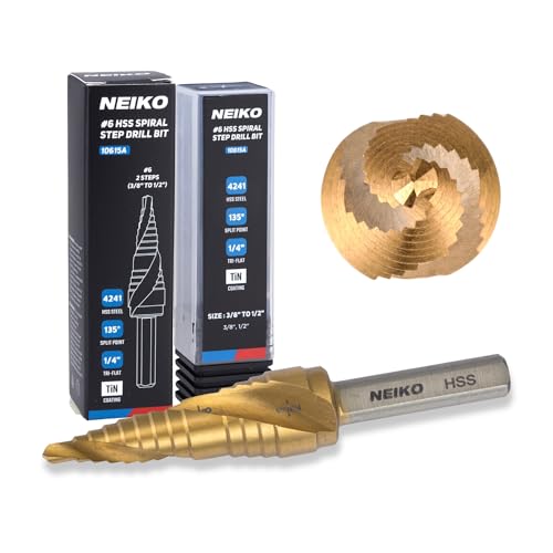 NEIKO 10615A Step Drill Bit, 2 Steps 3/8" to 1/2" Spiral High Speed Steel, Titanium Nitride Coated, 1/4" Tri Flat Step Bits for Steel, Metal, Wood, Plastic, Unibit Cone Drill Bits, Two Flute - size: #6 (3/8 - 1/2", 2S), style: Spiral