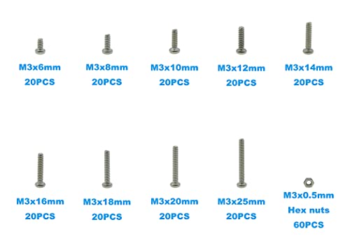 240PCS Metric M3 304 SS Phillips Pan Head Machine Screws & Nuts Kit - size: M3