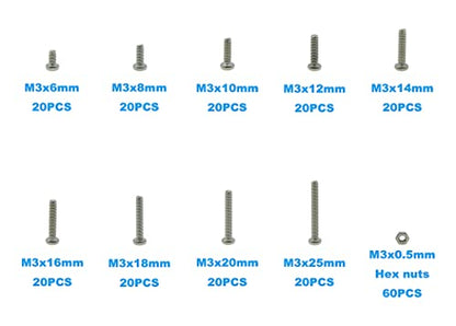 240PCS Metric M3 304 SS Phillips Pan Head Machine Screws & Nuts Kit - size: M3