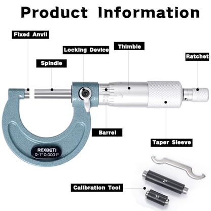 REXBETI Outside Micrometer, Ultra-Precision Carbide Tipped Measuring Tool - size: 0-3" Range
