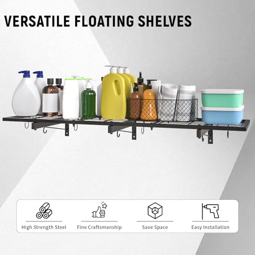 Garage Wall Shelves, 46"X12.5" Garage Shelving Wall Mounted, Heavy Duty Shelf Storage Rack with 4 Hooks, Black Organizer Floating Metal Shelf 160 LBS Capacity for Office, Basement, Laundry Room - size: A-1 PACK
