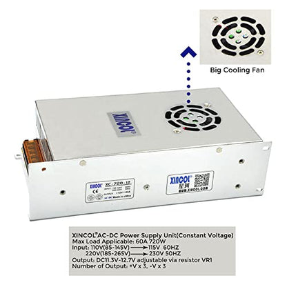 XINCOL AC to DC Converter AC110V/220V to DC12V 60A 720W Switched Mode Switching Power Supply (SMPS) Transformer Driver Adapter for LED Strip Light with Big Built-in Fan