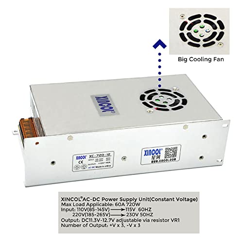 XINCOL AC to DC Converter AC110V/220V to DC12V 60A 720W Switched Mode Switching Power Supply (SMPS) Transformer Driver Adapter for LED Strip Light with Big Built-in Fan