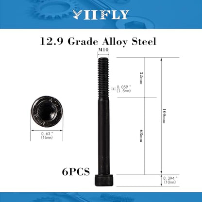 M10-1.5 x 100mm Socket Head Cap Screws, M10x1.5 Bolt, 12.9 Grade Alloy Steel, Allen Socket Drive, Black Oxide Finish, Half Thread, Quantity 6 - size: M10 x 100mm(6PCS)