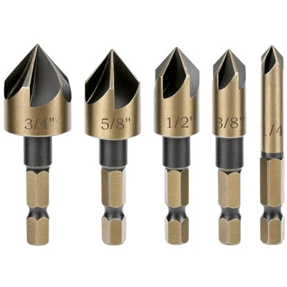 QWORK Countersink Drill Bit Set, 5 Piece 82 Degree 1/4 Inch Hex Shank HSS TiN Coated 5 Flute for Wood Metal Plastic Quick Change Sizes 1/4 3/8 1/2 5/8 3/4
