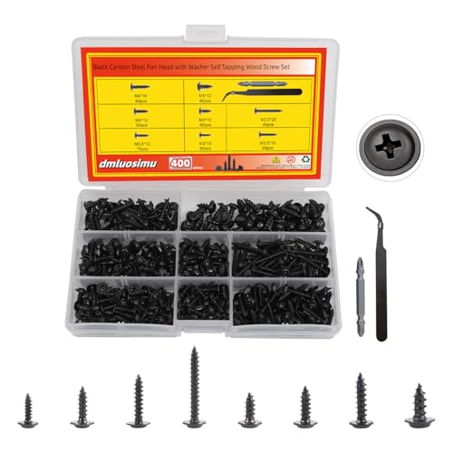 400pcs Black Carbon Steel Self Tapping Screws Assortment Kit - M3 M3.5 M4 M5 Pan Head Screws with Washers, Hex Keys & Tweezers for Wood Metal Plastic DIY Projects