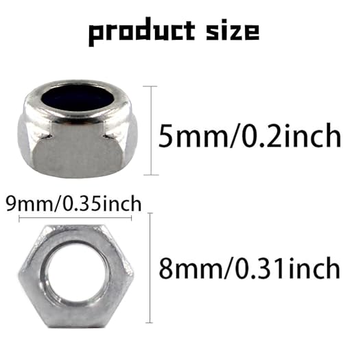 50PCS Stainless Steel 304 Lock Nuts, M5-0.8 Nylon Insert Hex Lock Nuts - size: M5-0.8