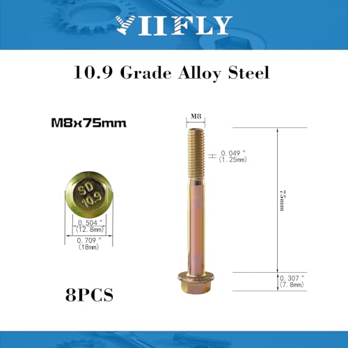 M8 x 75mm Flanged Hex Head Bolts, M8x1.25 Pitch, Grade 10.9 Alloy Steel, Color Zinc Plated, Half Thread, 8 Pack - size: M8 x 75mm(8PCS)