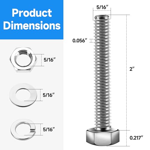 (12 Sets) 5/16-18 x 2", 5/16 Bolt Hex Head Screws Nuts and Bolts Kit with 5/16 Stainless Steel, Nuts Bolts Washers Assortment, Fully Threaded by Marysino - color: (Silver)-5/16, size: 2"