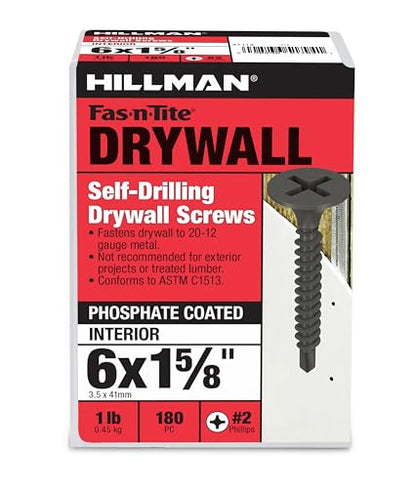 The Hillman Group 47113 6 x 1-5/8-Inch Self Drilling Drywall Screw Number 2 Self Drilling Point,black