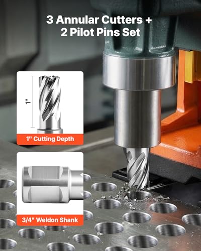 VEVOR Annular Cutter Set, 5 pcs Weldon Shank Mag Drill Bits Kit, 1" Cutting Depth, 5/8" Cutting Diameter, HSS, 3 Drill Bits with 2 Pilot Pins and 3 Plastic Cases, for Magnetic Drills, Steel, Aluminum - size: (5/8" * 1")