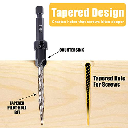 Newdeli 9pcs Wood Countersink Drill Bit Set 1/4" Quick Change Shank - 5Pc Adjustable Countersink Bit #8(11/64") - 2 Extra 11/64 Tapered Drill Bits - 1 Adjust Collar - 1 Wrench, Pilot Screw Hole Set - style: 9pc All Same Size Set(#8)