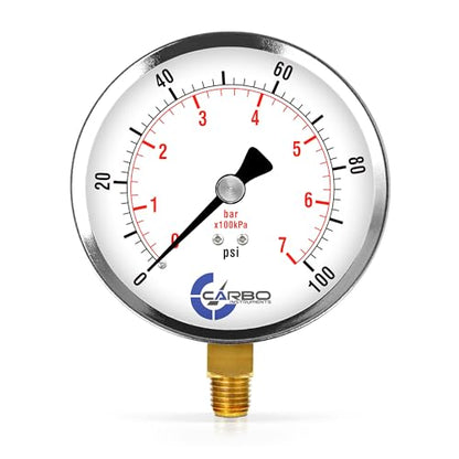Carbo 100 PSI Dry Pressure Gauge with NIST Traceable Certificate, Calibrated in USA Lab, 4" Dial, 1/4 NPT Lower Mount, ASME Grade A, Steel Case, Brass Wetted Parts, PSI/Bar - size: 0-100 PSI, style: NIST TRACEABLE