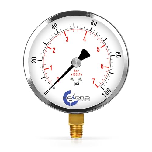 100 PSI Dry Pressure Gauge, 4" Dial, 1/4 NPT Lower Mount, Chrome Plated Steel Case, Brass Wetted Parts, Dual Scale PSI/Bar - ASME B40.1 Grade A - size: 0-100 PSI, style: STANDARD