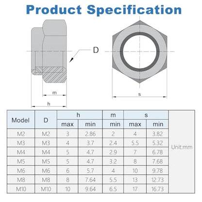 100Pcs M5 x 0.8mm Carbon Steel Hex Lock Nuts, Nylon Insert Self-Locking Nut - size: M5x0.8
