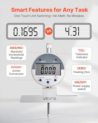 VEVOR Depth Gauge, Depth Micrometer Digital Electronic Indicator 0-22 inch Measuring Range, 0.0005" Resolution, Precision Unit Conversion with 4 Anvils, Measuring Tool for Groove, Step, Hole