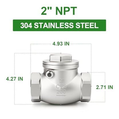 TAISHER 1PCS 304 Stainless Steel 2" NPT Female Swing Check Valve，Backflow Prevention, One Way Check Valve CF8 WOG 1000 - size: 2" NPT