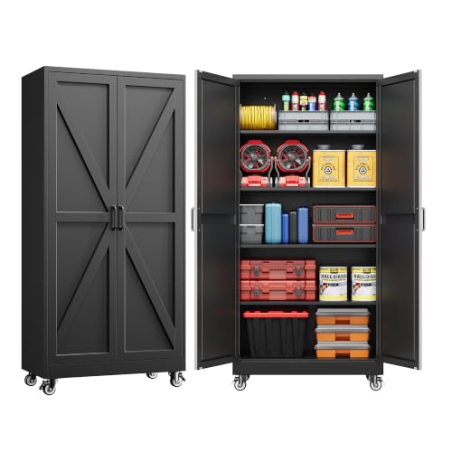 75" Tall Wheeled Garage Storage Cabinet, Rolling Metal Tool Cabinets. - color: Black, size: 75"H x 32"W x 16"D-A
