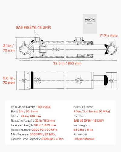 VEVOR Double Acting Hydraulic Cylinder, 2" Bore x 24" Stroke, Max 3500PSI Hydraulic Cylinder, Heavy-Duty Welded Cross Tube Cylinders with 1" Pin Hole & SAE #6 Port for Agricultural Machinery, Tractors - size: 2x24