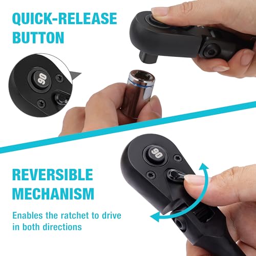 DURATECH 1/4-Inch Flex-Head Ratchet, 90-Tooth Quick-Release Ratchet Wrench - size: 1/4"(Black)