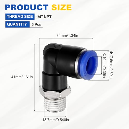 5Pcs Male Elbow Push to Connect Fitting Fit 10mm OD Tube 1/4" NPT - color: Blue, size: 10mm OD x 1/4" NPT