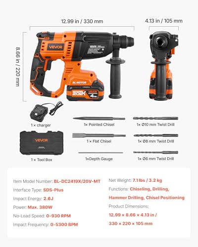 VEVOR Rotary Hammer Drill, 7/8 in SDS-Plus Cordless, 20V Battery Powered Rotary Hammer, Brushless, Including Battery, Charger, 3 Drill Bits, Flat Chisel, Pointed Chisel, Carrying Case, for Concrete - size: 7/8 in