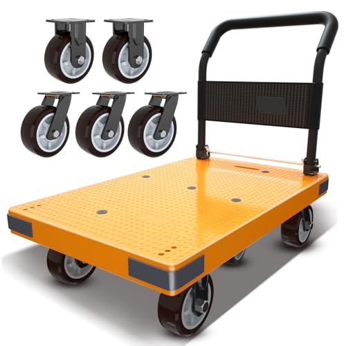 WUD Push Cart, Folding Mobile Platform Trolley,Thickened and Reinforced, 360° Swivel Wheels,28.3 “L x 18.9 ”W, 660 lb. Yellow Dolly cart with Wheels - color: Yellow, size: Small