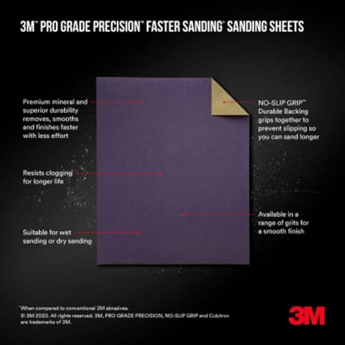 3M Pro Grade No-Slip Grip Advanced Sandpaper, 9 x 11"., 220 Grit, 100 per Case - size: 100 Count(Pack of 5)